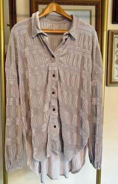 Free People Textured Smocked Button Down Oversized Lilac Gray Blouse - L